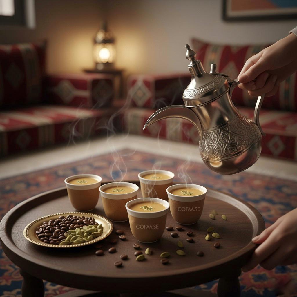 arabiska kaffekulturen: servering av kaffe med rykande koppar och kryddor på ett traditionellt bord.