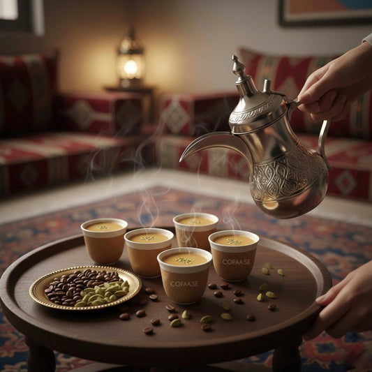 arabiska kaffekulturen: servering av kaffe med rykande koppar och kryddor på ett traditionellt bord.