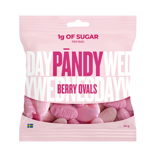 Pändy Berry Ovals 50 g – skumgodis med smultron och granatäpple