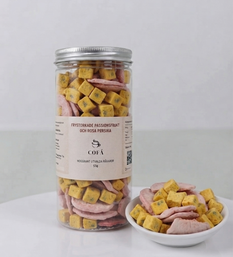 Frystorkade passionsfrukt och rosa persika - 50g - Cofa