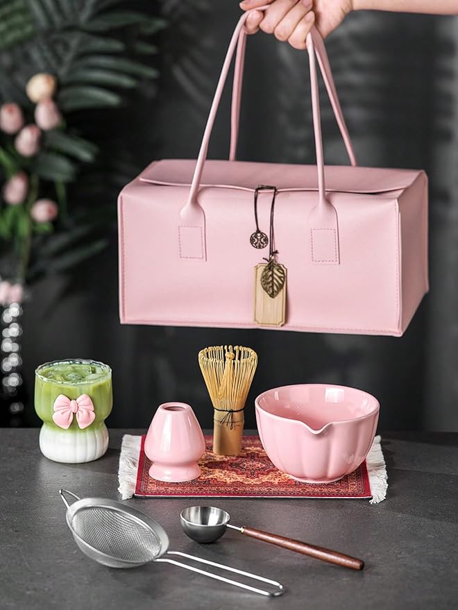 Rosa Matcha-set i keramik med bambuvisp – Chawan med presentförpackning - Cofa