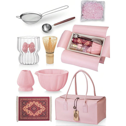 Rosa Matcha-set i keramik med bambuvisp – Chawan med presentförpackning - Cofa