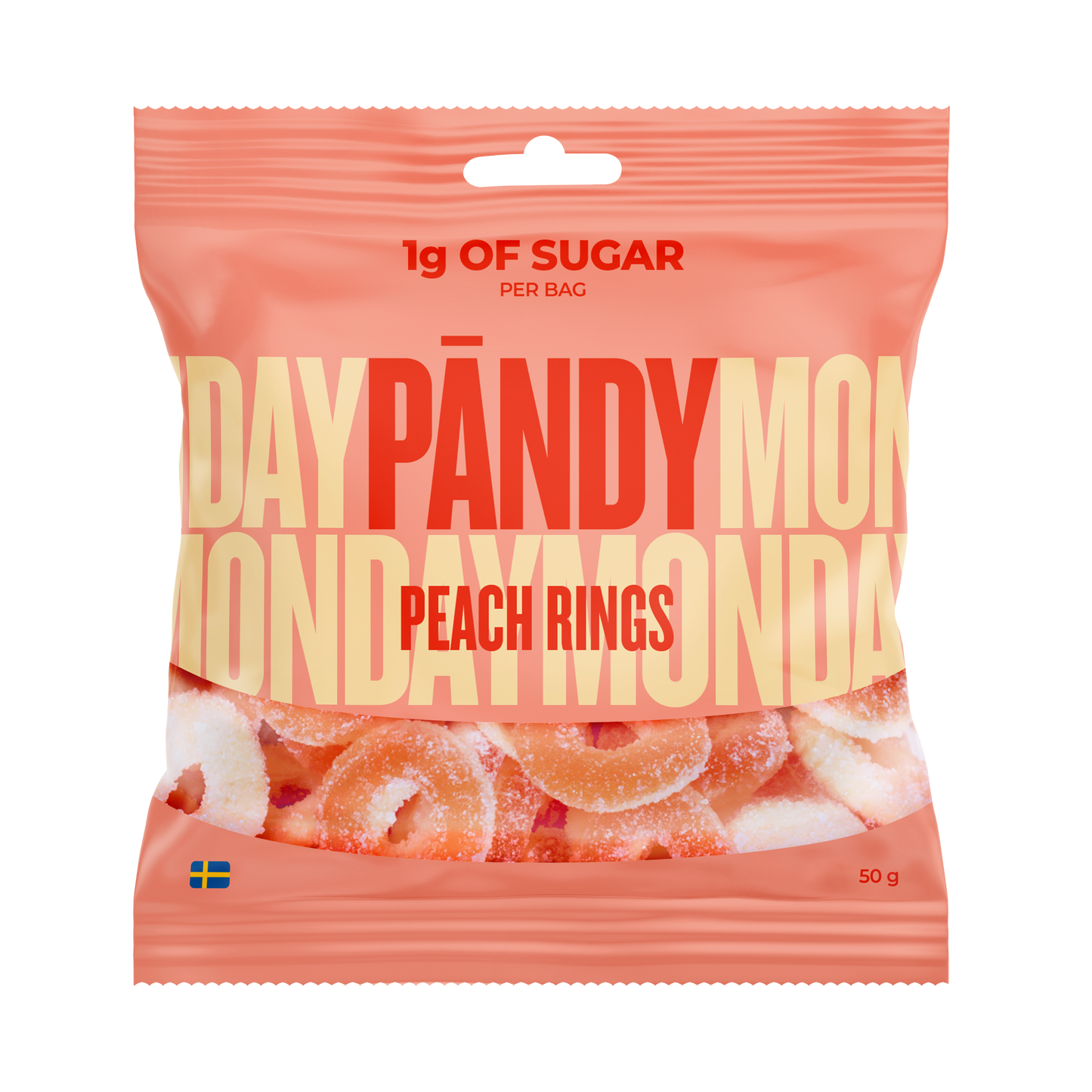 Pändy Peach Rings 50 g – skum- och gelégodis med persikosmak