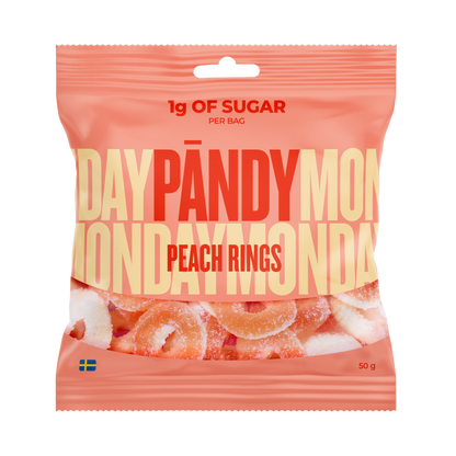 Pändy Peach Rings 50 g – skum- och gelégodis med persikosmak
