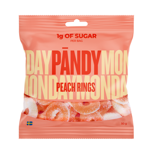 Pändy Peach Rings 50 g – skum- och gelégodis med persikosmak